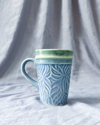 Artisan Crafted: Hand-Glazed and Hand-Textured Light Blue and Light Green Coffee Mug 1