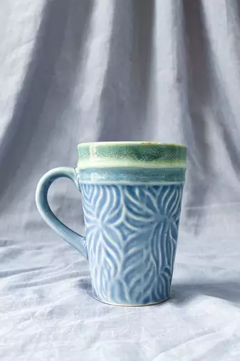Artisan Crafted: Hand-Glazed and Hand-Textured Light Blue and Light Green Coffee Mug
