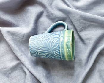 Artisan Crafted: Hand-Glazed and Hand-Textured Light Blue and Light Green Coffee Mug 2