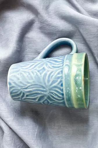 Artisan Crafted: Hand-Glazed and Hand-Textured Light Blue and Light Green Coffee Mug