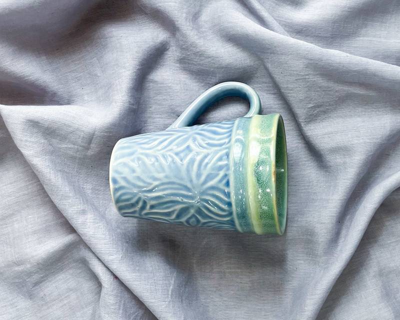 Artisan Crafted: Hand-Glazed and Hand-Textured Light Blue and Light Green Coffee Mug