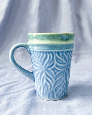Artisan Crafted: Hand-Glazed and Hand-Textured Light Blue and Light Green Coffee Mug 3