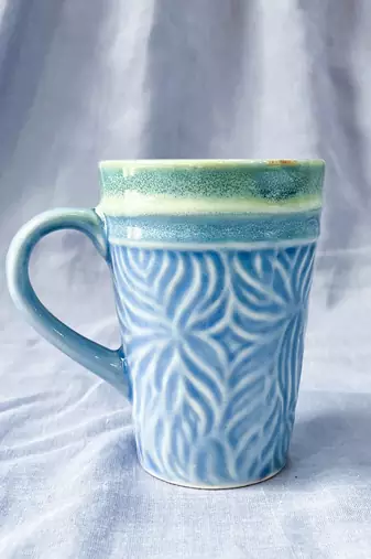 Artisan Crafted: Hand-Glazed and Hand-Textured Light Blue and Light Green Coffee Mug