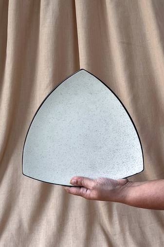 Handcrafted Triangular Matt Ivory White Serving Tray with Unique Black Speckles and Rim