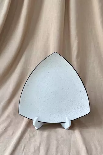 Handcrafted Triangular Matt Ivory White Serving Tray with Unique Black Speckles and Rim