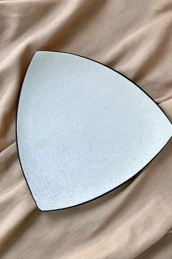 Handcrafted Triangular Matt Ivory White Serving Tray with Unique Black Speckles and Rim