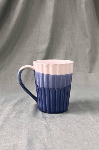 Artistic Harmony: Stylish Dual-Toned Studio Pottery Ceramic Striped Tricolor Coffee Mug in Blue & White