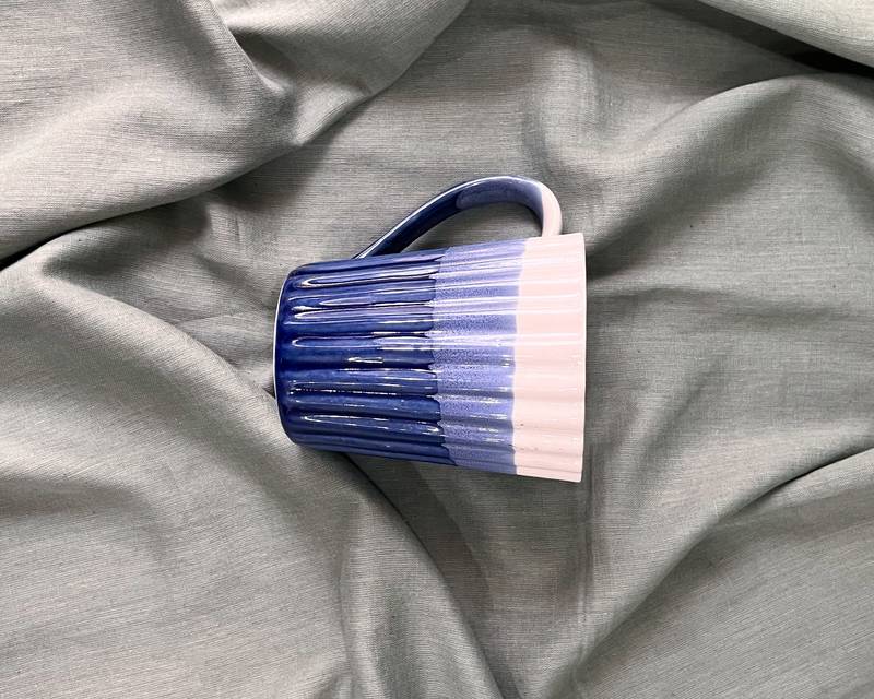 Artistic Harmony: Stylish Dual-Toned Studio Pottery Ceramic Striped Tricolor Coffee Mug in Blue & White