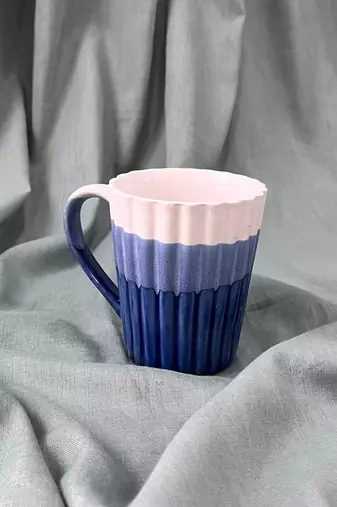 Artistic Harmony: Stylish Dual-Toned Studio Pottery Ceramic Striped Tricolor Coffee Mug in Blue & White