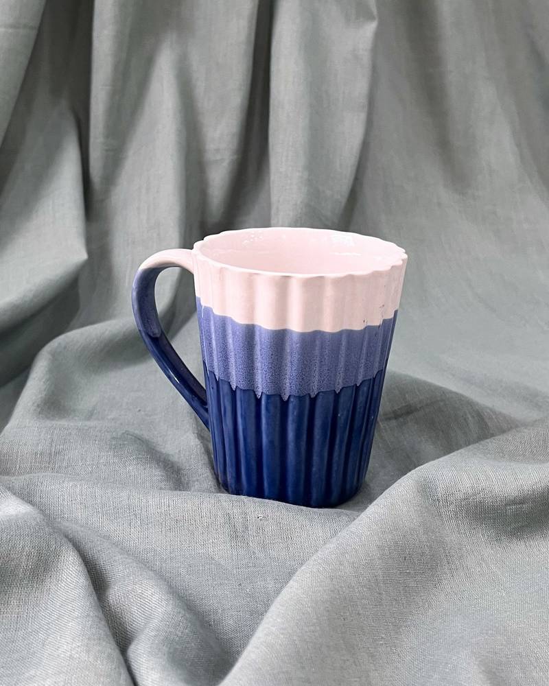 Artistic Harmony: Stylish Dual-Toned Studio Pottery Ceramic Striped Tricolor Coffee Mug in Blue & White