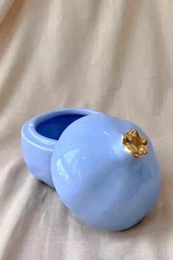 Lavender Serenity: Handcrafted Ceramic Pomegranate Bowl with Golden Crown Lid - Knick Knack, Candy Bowl