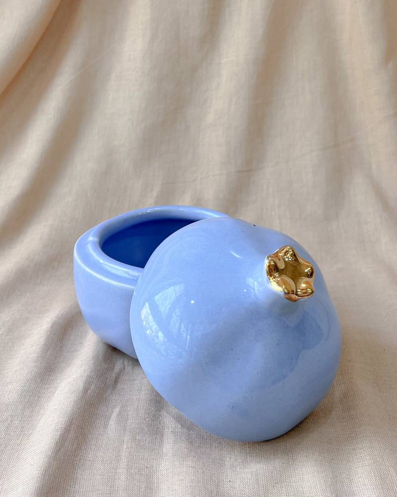 Lavender Serenity: Handcrafted Ceramic Pomegranate Bowl with Golden Crown Lid - Knick Knack, Candy Bowl