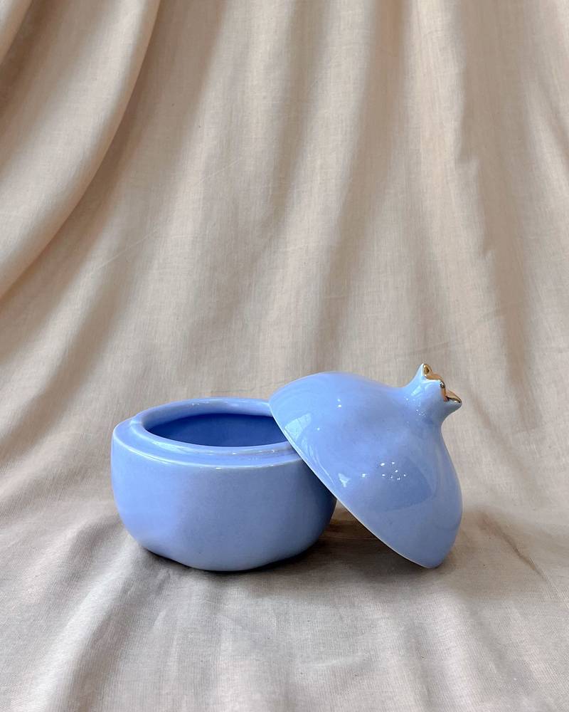 Lavender Serenity: Handcrafted Ceramic Pomegranate Bowl with Golden Crown Lid - Knick Knack, Candy Bowl