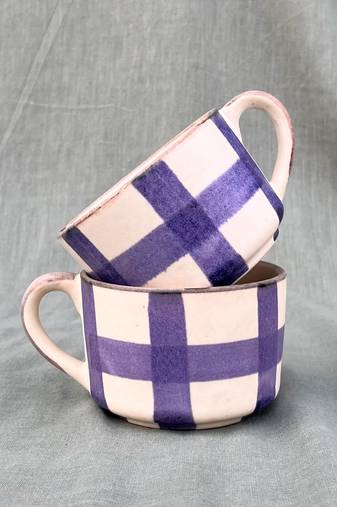Lavender Harmony: Hand-painted Matt Finish Ceramic Mug With Contrasting Checked Pattern on ivory white background