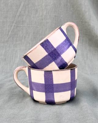 Lavender Harmony: Hand-painted Matt Finish Ceramic Mug With Contrasting Checked Pattern on ivory white background 1