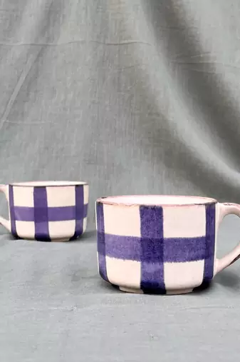 Lavender Harmony: Hand-painted Matt Finish Ceramic Mug With Contrasting Checked Pattern on ivory white background