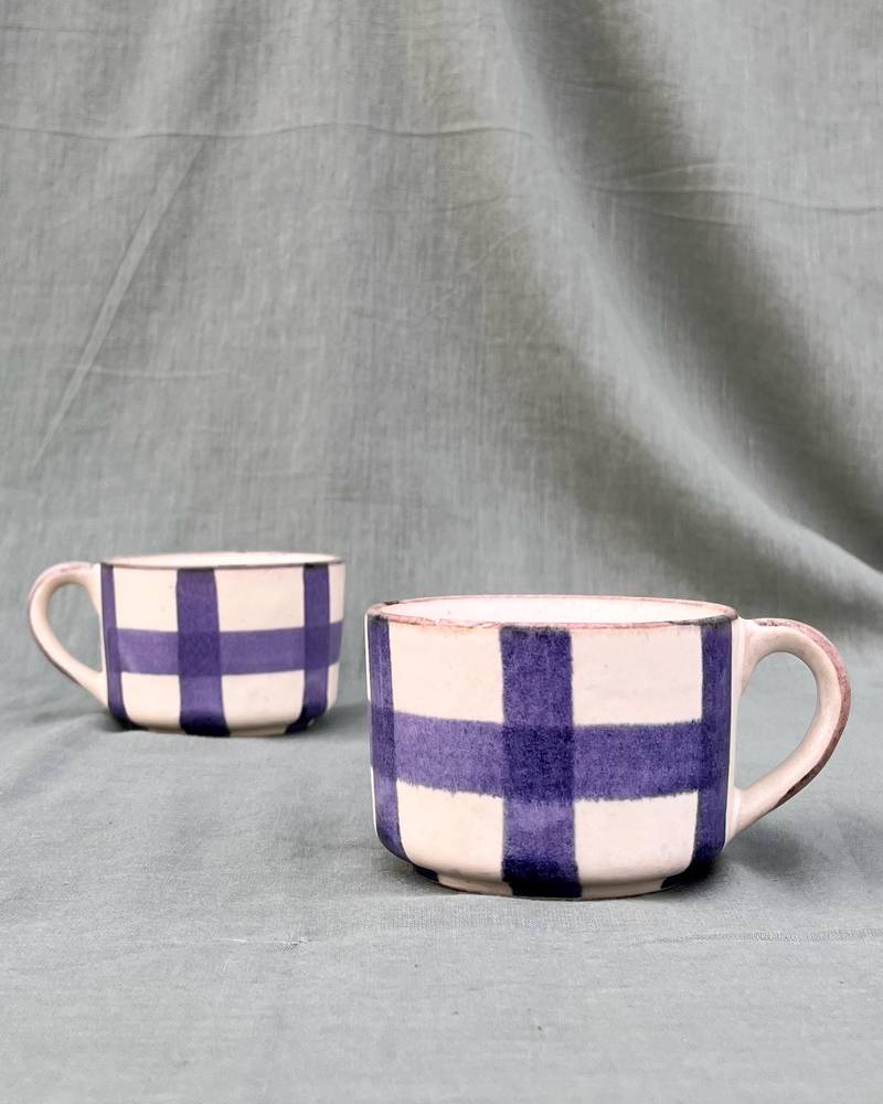 Lavender Harmony: Hand-painted Matt Finish Ceramic Mug With Contrasting Checked Pattern on ivory white background