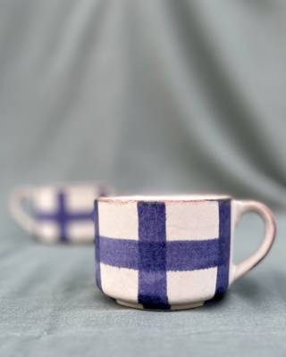 Lavender Harmony: Hand-painted Matt Finish Ceramic Mug With Contrasting Checked Pattern on ivory white background 3
