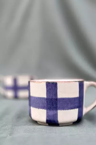 Lavender Harmony: Hand-painted Matt Finish Ceramic Mug With Contrasting Checked Pattern on ivory white background