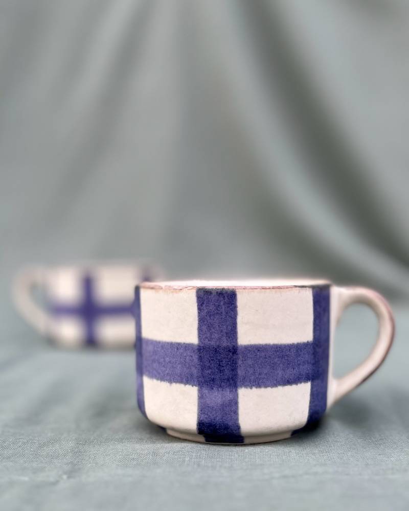 Lavender Harmony: Hand-painted Matt Finish Ceramic Mug With Contrasting Checked Pattern on ivory white background