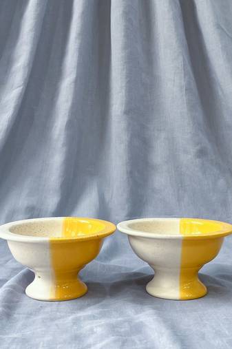 Sunshine Delight: Hand-Painted Half and Half Yellow and Ivory White Ceramic Pedestal Bowl for Desserts and Ice Cream
