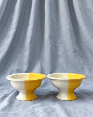 Sunshine Delight: Hand-Painted Half and Half Yellow and Ivory White Ceramic Pedestal Bowl for Desserts and Ice Cream 1