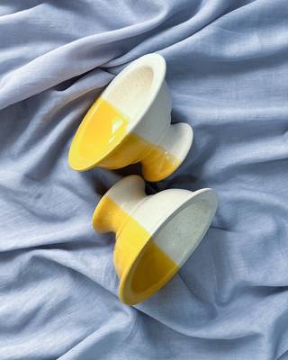 Sunshine Delight: Hand-Painted Half and Half Yellow and Ivory White Ceramic Pedestal Bowl for Desserts and Ice Cream 2