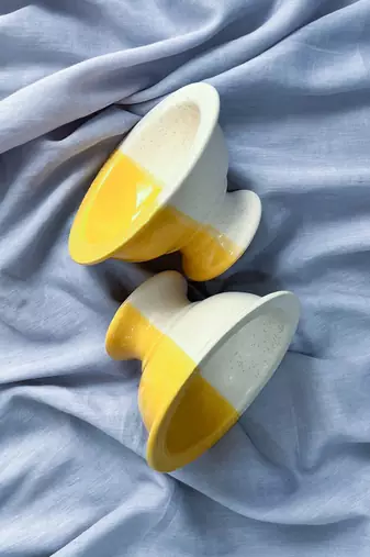 Sunshine Delight: Hand-Painted Half and Half Yellow and Ivory White Ceramic Pedestal Bowl for Desserts and Ice Cream