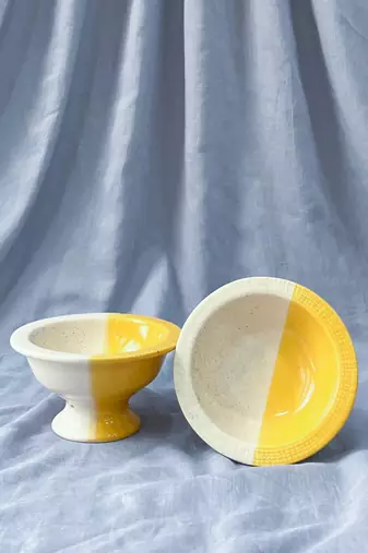 Sunshine Delight: Hand-Painted Half and Half Yellow and Ivory White Ceramic Pedestal Bowl for Desserts and Ice Cream