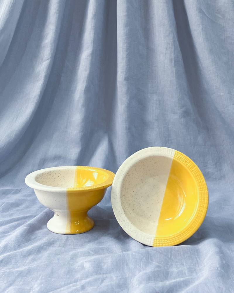 Sunshine Delight: Hand-Painted Half and Half Yellow and Ivory White Ceramic Pedestal Bowl for Desserts and Ice Cream