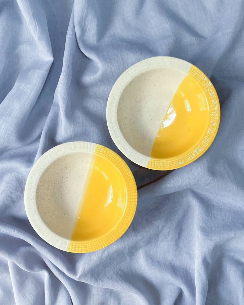 Sunshine Delight: Hand-Painted Half and Half Yellow and Ivory White Ceramic Pedestal Bowl for Desserts and Ice Cream