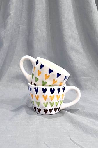 Passionate Delight: Hand-Painted, Hand-Glazed Ivory White Mug with Vibrant and Bold Hearts