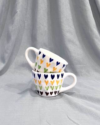 Passionate Delight: Hand-Painted, Hand-Glazed Ivory White Mug with Vibrant and Bold Hearts 1