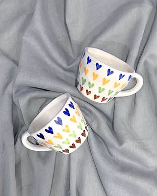 Passionate Delight: Hand-Painted, Hand-Glazed Ivory White Mug with Vibrant and Bold Hearts 3