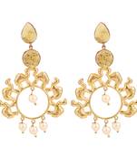 Statement Gold Plated Abstract shaped Gold Stone and pearl studded Dangle and Drop Earring for Women and Girls.