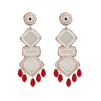 Statement fabric base mirror and pearl studded Geometrical shaped Dangle and drop earring for Girls and Women. 1