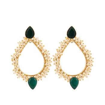 Contemporary Gold Plated Emerald Green stone and pearl studded Tear drop shape Drop Earring for Girls and Women. 1