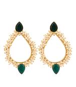 Contemporary Gold Plated Emerald Green stone and pearl studded Tear drop shape Drop Earring for Girls and Women.