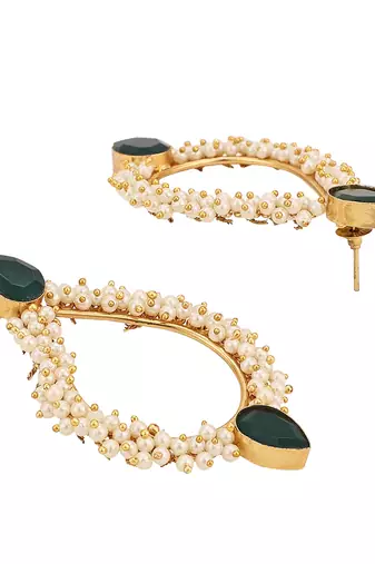 Contemporary Gold Plated Emerald Green stone and pearl studded Tear drop shape Drop Earring for Girls and Women.