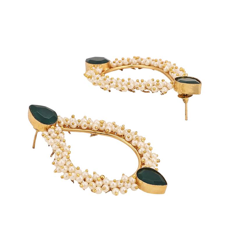 Contemporary Gold Plated Emerald Green stone and pearl studded Tear drop shape Drop Earring for Girls and Women.
