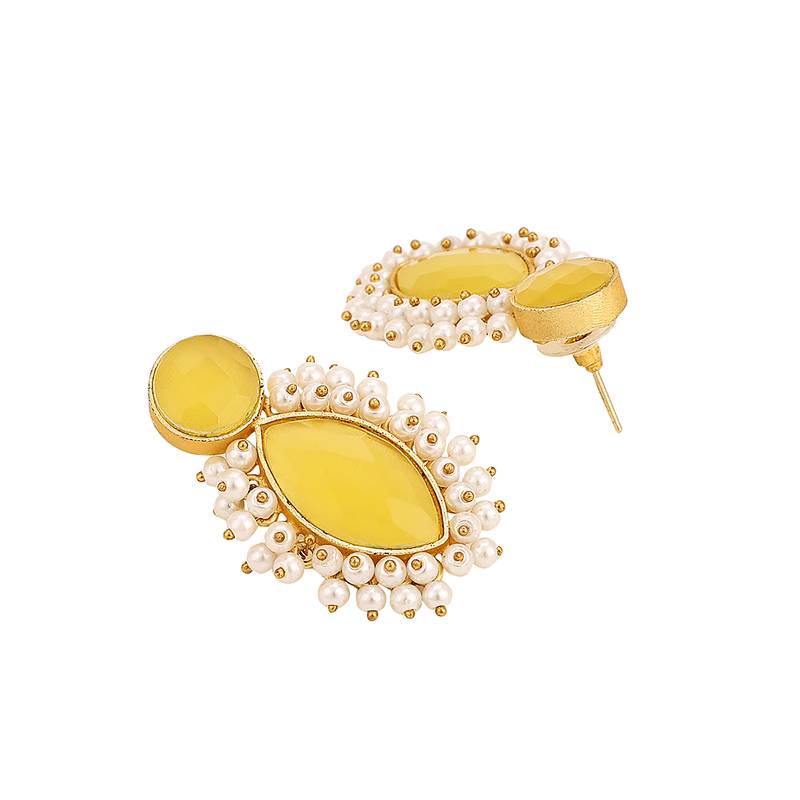 Statement Gold Plated Yellow Colored Stone and pearl studded eye shaped Stud Earring for girls and Women