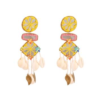 Statement fabric base mirror and shells studded Geometrical shaped Dangle and drop earring for Girls and Women. 1