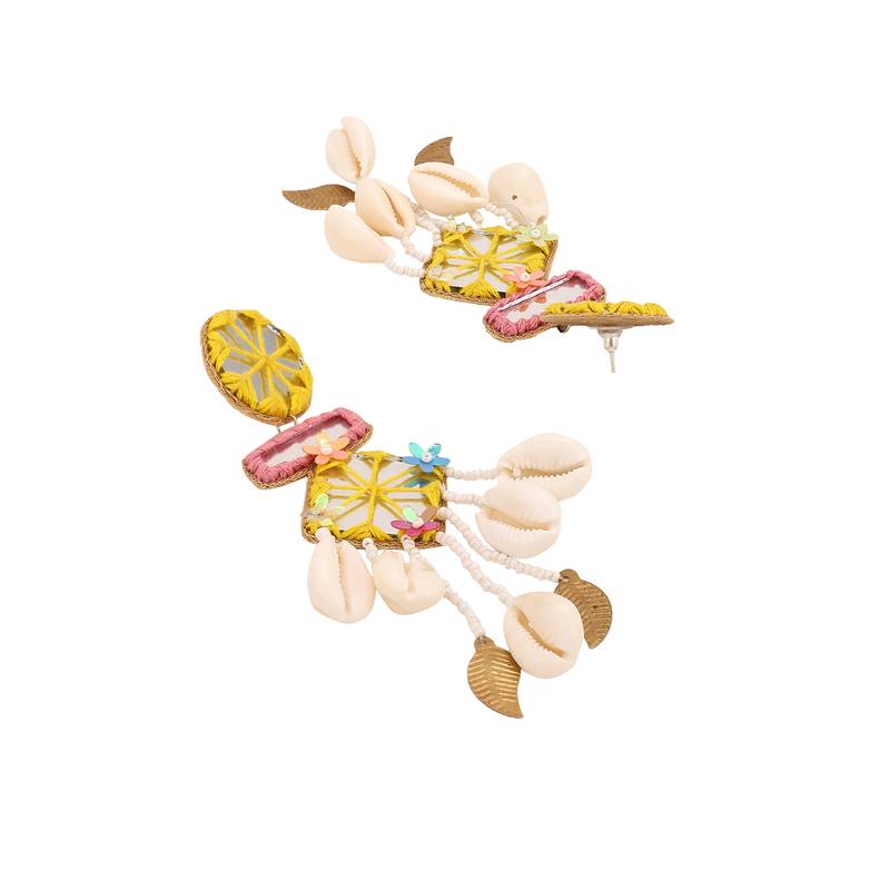 Statement fabric base mirror and shells studded Geometrical shaped Dangle and drop earring for Girls and Women.