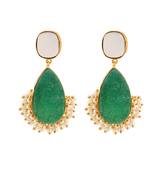 Statement Gold Plated Green colored Natural Stone and Pearl Studded Drop Earring for Girls and Women.