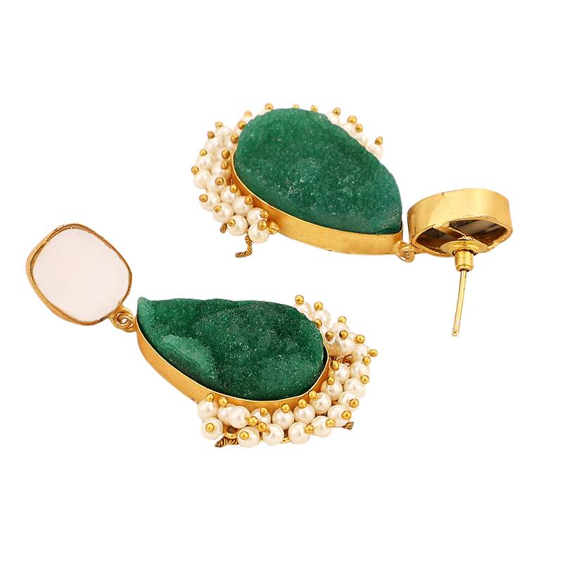 Statement Gold Plated Green colored Natural Stone and Pearl Studded Drop Earring for Girls and Women.