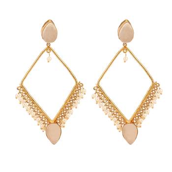 Staement Gold Plated Diamond Shaped Pink stone and Pearl studded Drop Earring for Girls and Women. 1