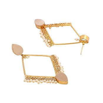 Staement Gold Plated Diamond Shaped Pink stone and Pearl studded Drop Earring for Girls and Women. 2