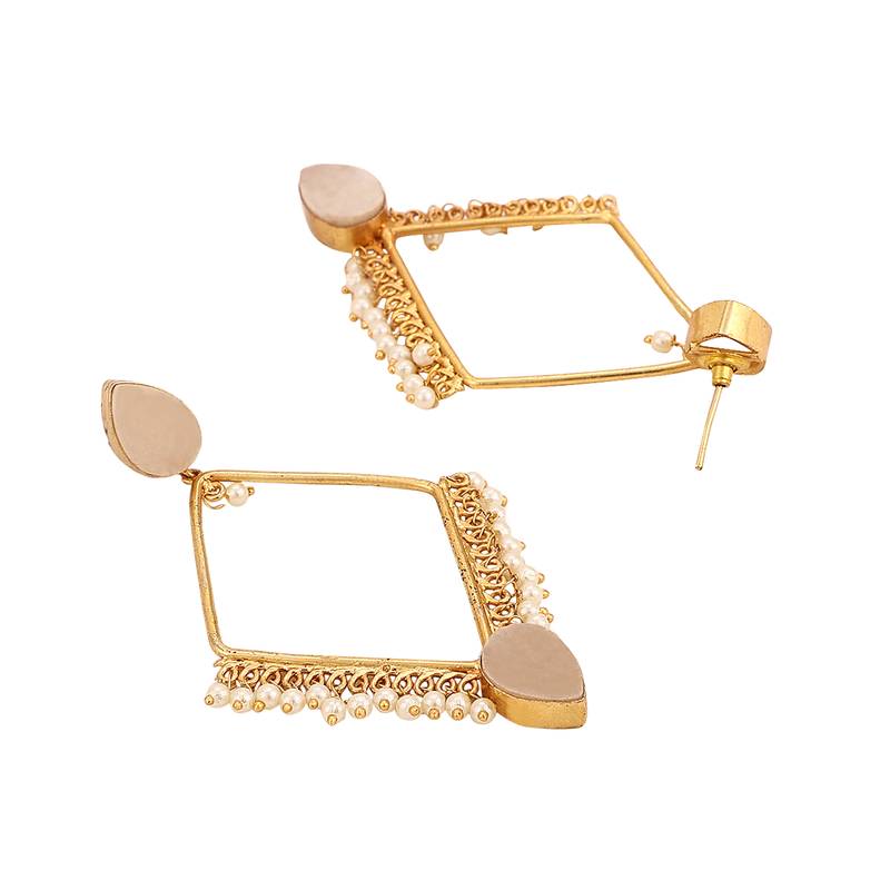 Staement Gold Plated Diamond Shaped Pink stone and Pearl studded Drop Earring for Girls and Women.