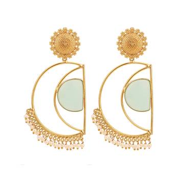 Statement Gold Plated Cressecent Shaped Blue Stone and Peal Drop Earring for Girls and Women. 1