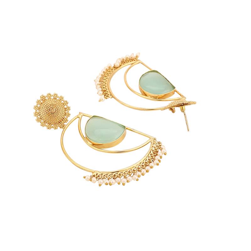 Statement Gold Plated Cressecent Shaped Blue Stone and Peal Drop Earring for Girls and Women.
